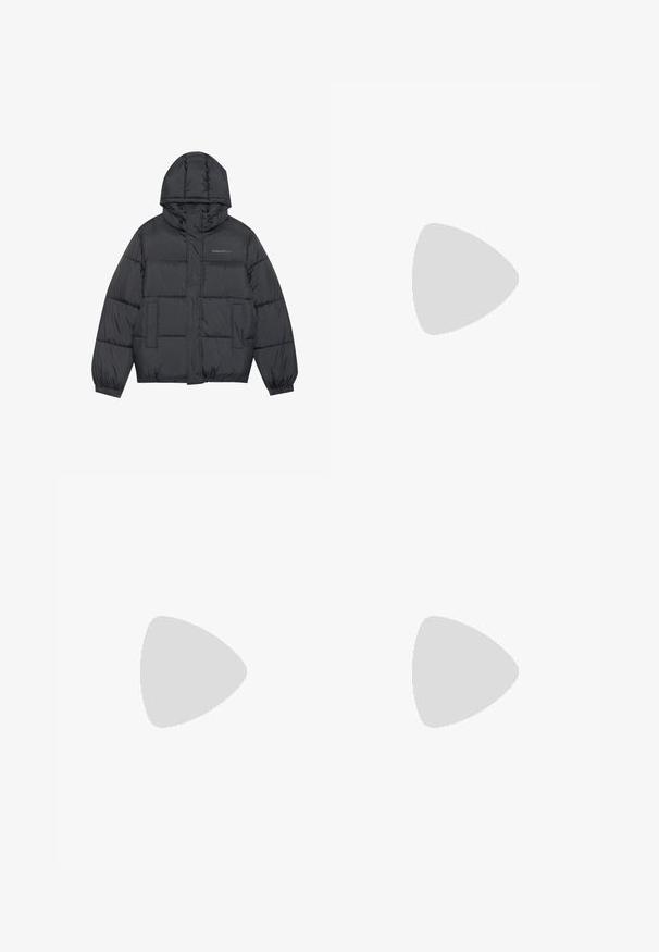 Puffer jacket in dark grey with a zip closure, hood, two front pockets, elastic cuffs, and stitched puffs creating texture. Logo on chest.; White cotton t-shirt with short sleeves and a round neck. Features a small, subtle Nike logo on the chest and a side label.; Beige wide-leg trousers made of cotton blend, featuring a high waist, front pleats, and two side pockets with a button closure.; White leather sneakers with green Nike logo, round toe, flat sole, paired with light blue denim pants, shown on a blue carpet.