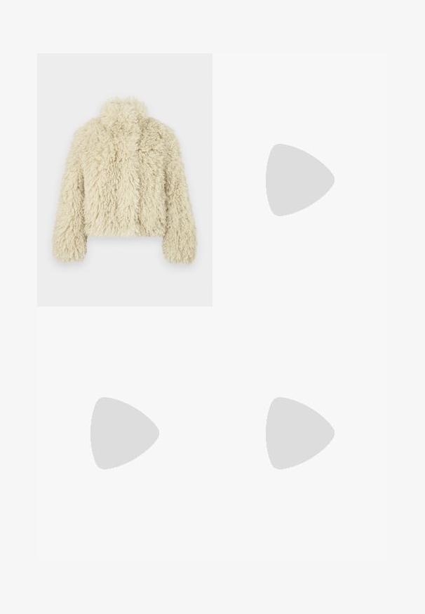 Ivory faux fur jacket with a high collar, boxy shape, textured surface, and long sleeves. Features a soft, fluffy appearance.; Black cotton t-shirt with a round neck, short sleeves, and blue embroidered "Calvin Klein JEANS" logo on the front.; Black wide-leg jeans made of denim, featuring a high-rise waist, five-pocket styling, and a metal button closure with contrasting stitching.; Black leather loafers with a rounded toe, thick textured sole, and minimal stitching details. Sleek design with no visible laces or hardware.