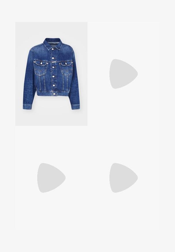 Blue denim jacket with a cropped design, pointed collar, two chest pockets with flaps, silver buttons, and contrasting stitching.; White cotton t-shirt with short sleeves, crew neck, and a black printed logo "Abercrombie | NYC" on the left chest.; Gray denim jeans with a relaxed fit, featuring a faded finish, five-pocket design, and sturdy stitching. Brass button and zipper closure.; White sneaker made of smooth leather with perforated design on the side, navy accent on the heel, and white rubber sole. Laces included.