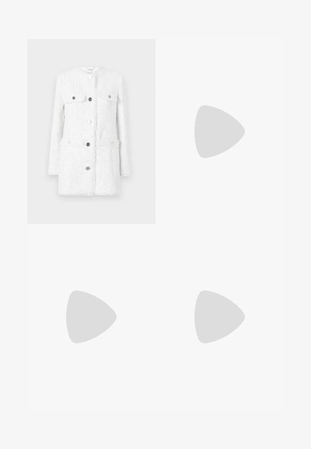 White tweed jacket with a textured fabric, featuring two front pockets, a high collar, and silver buttons for closure and accents.; White cotton t-shirt featuring a blue "Guess" logo with decorative stitching. Round neckline with a braided blue accent. Short sleeves.; White shorts with a tie waist, featuring two side pockets and a smooth, textured fabric. Classic cut with clean lines.; Black patent leather slingback pumps with a pointed toe and gold-toned hardware on the strap, featuring a block heel. Smooth texture.