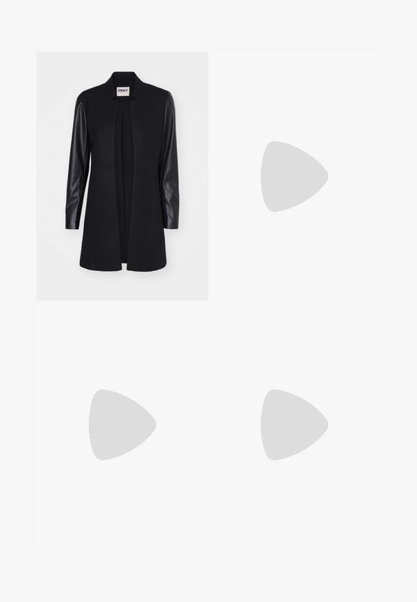 Black jacket with a sleek texture, featuring fabric sleeves and a tailored, open front design. Minimalist style, no closures.; Three long-sleeve tops stacked: black, grey, and white. Each has a round neckline and a cropped design with smooth, lightweight fabric.; Black flared pants made from stretchy fabric, featuring a high waistband and flared cuffs with side slits for additional movement.; Gray suede sneakers with white laces, black stripes, and a white rubber sole. Features a circular logo on the tongue and a gum sole.