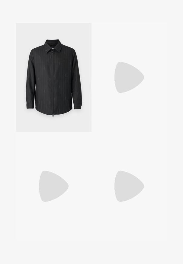 Black zip-up jacket with a collar, featuring subtle pinstripes and a textured fabric. Long sleeves with buttoned cuffs and a zipped front.; Black T-shirt made of cotton, featuring a round neck, short sleeves, and a chest pocket with a silver zipper detail. Small logo on pocket.; Black wide-leg trousers with a flat front, two side pockets, pleated design, and a contrasting red interior waistband.; Black leather loafers with a textured front panel and smooth sides. Features a slim heel and rear loop for easy wear. Classic design.