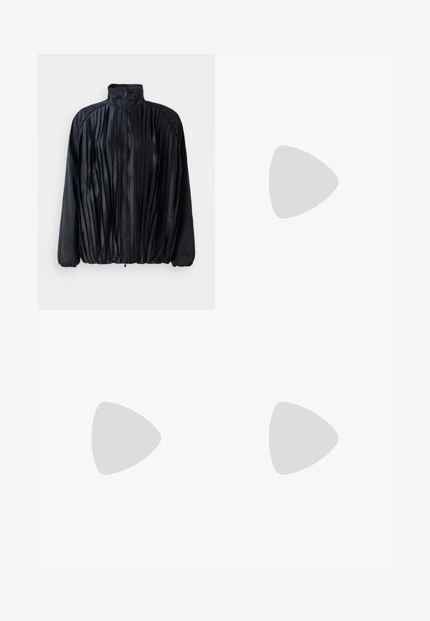 Black pleated jacket with a high collar, zip closure, and elastic hem. Satin-like texture with subtle accents along the shoulders.; Black cotton t-shirt with short sleeves, featuring a small pink butterfly graphic on the left chest. Crew neck design with a relaxed fit.; Black wide-leg trousers with a ruffled waistband, featuring two side pockets and a smooth, lightweight fabric. No visible patterns or hardware.; Black platform sandals with chunky, lug soles and multiple straps, featuring metal buckles and a smooth leather-like texture.