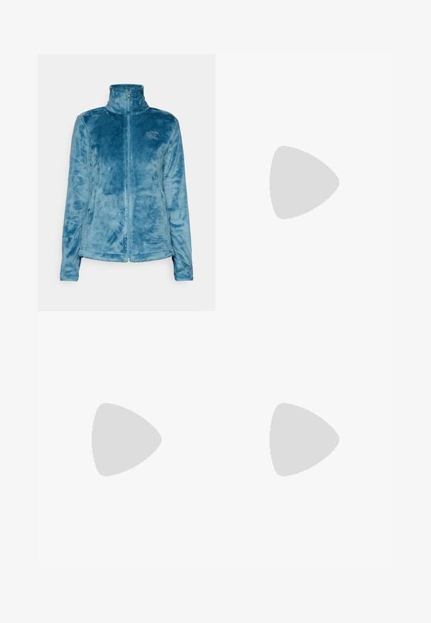 The North Face OSITO JACKET - Jakna od flisa - algae blue; Crni dugih rukava majica od pamuka s okruglim izrezom. Ima mali bijeli logo na lijevoj strani prsnog područja. Jednostavan dizajn i kroj.; Crne najlon hlače s munjevim zatvaranjem, odvojive cargo hlače s podesivim manžetama, brojnim džepovima i logom na desnoj nozi. Glatka, lagana tekstura.; Bež i kremasti sportski tenisice s teksturiranim mrežastim gornjim dijelom, potpornih preklopa i gumeni potplat s uzorcima za prianjanje.