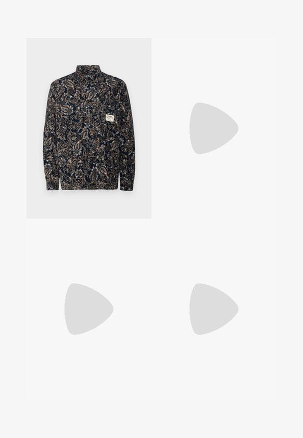 Navy button-up shirt with a paisley pattern in cream and brown. Features a collar and long sleeves, made from textured fabric.; White cotton t-shirt with a relaxed fit, featuring a small black graphic logo on the left chest area. Short sleeves, crew neck style.; Black cargo pants made of sturdy fabric, featuring a straight-leg cut, two side pockets, and a button closure at the waistband.; Black low-top leather sneaker with black laces and off-white sole shown in side profile on white background.