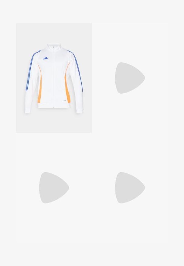 Bílá zipová bunda s oranžovými a modrými bočními pruhy, stojáčkovým límcem a žebrovanými manžetami. Vyrobena z hladkého, lehkého materiálu.; Černé tričko s krátkým rukávem a bílým designem se třemi pruhy na ramenou a logem na hrudi. Vyrobeno z prodyšného materiálu, hladká textura.; Černé sportovní kalhoty s elastickým pasem, se stříbrnými reflexními akcenty v pruhovaném vzoru na dolních nohavicích. Vyrobeno z hladkého materiálu.; Černá sportovní obuv s prodyšným síťovaným svrškem, bílými akcenty a polstrovanou podrážkou. Na boku se nachází logo se třemi pruhy.