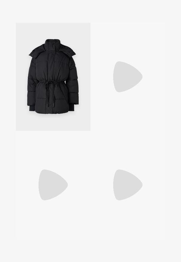 Black puffer jacket with a high collar, drawstring waist, and ribbed cuffs. Features snap buttons and a quilted texture throughout.; Light cream sweater featuring a round neck, long sleeves, ribbed hem, and a soft texture. No patterns or visible hardware details.; Black tailored trousers with a straight-leg design, featuring a smooth texture and crisp creases along the front. No visible hardware.; Black leather slingback heels with a pointed toe, featuring a slim heel and a gold-tone accent on the adjustable strap. Smooth texture.