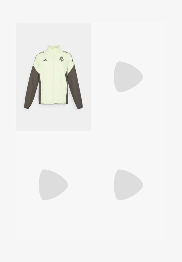 Adidas jakna s svijetlozelenim tijelom i tamnosmešnim rukavima. Ima visoki ovratnik, predni zip i logo na prsima.; Svijetlozeleni kratki rukav dres s tamnosivim detaljima, na prsima s timskim logom, izrađen od prozračnog materijala s tehnologijom odvlačenja vlage.; Sive sportske kratke hlače s elastičnim pojasom, svijetlozeleni bočni pruge i bijeli logo Real Madrida na lijevom rubu.; Bijele kožne tenisice s sivom suknjom na vrhu, tri horizontalne bijele pruge, plavi naglasak i smeđi gumeni potplat. Tekstura na potplatu.
