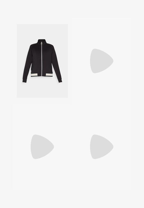 Black zip-up jacket with high collar, featuring side pockets and striped ribbed cuffs and hem in cream, beige, and black. Smooth fabric texture.; White sleeveless sweater made of smooth cotton, featuring a ribbed hem and a small navy logo on the bottom left. Simple design, no patterns.; Beige slim-fit pants made of lightweight fabric; features black zippered pockets and a small logo near the waistband.; adidas Golf S2G 24 SPIKELESS - Golf shoes - taupe/warm clay/core black