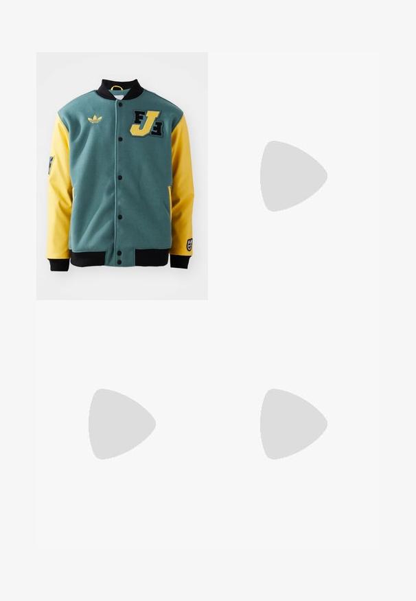 Green and yellow varsity jacket with black collar and cuffs, front snap buttons, Adidas logo, and FJ patch on the chest.; White cotton t-shirt with crew neckline, short sleeves, and a small black "W.W." logo on the left chest. Smooth texture, regular fit.; Brown cotton utility pants with a straight leg design, featuring front pockets and metal hardware accents for added durability.; Black canvas sneakers with white rubber toe caps and laces. Contrast stitching and metal eyelets add detail. Worn with beige pants and black fabric.