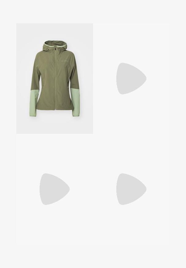 Vaude Vindjacka - cedar wood; Vit atletisk tanktopp med ett meshsidopanel, rundad halsringning och en liten svart logotyp på framsidan. Slät textur, figurnära design.; Svarta utomhusbyxor tillverkade av elastiskt tyg, med dragkedjefickor, en smal passform och en slät yta med förstärkta knäpaneler.; Lätt Columbia träningssko i vit mesh med en texturerad grå sula och gummitraktion. Har en vadderad krage och snörningsdesign.