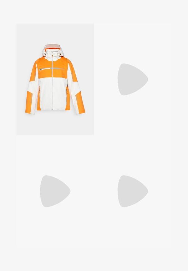 Spyder TITAN JACKET - Skijacke - orange shock; Schwarzes Baumwoll-T-Shirt mit kurzen Ärmeln, Rundhalsausschnitt und einem weißen Logo auf der linken Brust. Glatte Textur und einfaches Design.; Schwarze Fleece-Hosen mit einem elastischen Bund, die drei dunkelgraue vertikale Streifen an den Seiten und verstellbare Knöchelbindungen haben.; Ein Paar schwarze Adidas Adizero Laufschuhe mit weißen Streifen und Schnürsenkeln auf weißem Hintergrund, nebeneinander positioniert.