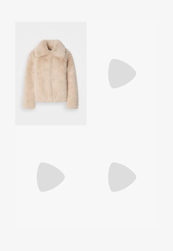 Short faux fur jacket in light beige with a short collar and front seam detail. Soft texture with long, fluffy fibers and full-length sleeves.; Brown cotton t-shirt with short raglan sleeves, a round neckline, and a loose fit, featuring a solid color without patterns or accents.; Blue denim jeans with a straight leg design, feature a high waist, classic five-pocket styling, and distinct fading on the thighs.; Brown suede sneakers with white accents and laces. Rubber gum sole. Worn with white socks featuring black stripes. Green textured flooring.; Tommy Hilfiger LIBRE SATCHEL - Handbag - safari