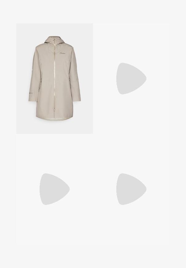 Šviesiai smėlinis atsparus vandeniui švarkas su reguliuojama kapišonu, priekinis užtrauktukas, logotipo detalė ant krūtinės ir GORE-TEX etiketė ant rankovės. Ilgas, laisvas kirpimas.; Juodas ilgomis rankovėmis medvilninis marškinėliai su apvali apykakle. Savybė - mažas baltas logotipas kairėje krūtinės pusėje. Paprastas dizainas ir pritaikymas.; Juodos, prigludusios kelnės, pagamintos iš lankstaus medžiagos. Ypatybės: šoninis kišenės užtrauktuku, suformuotos kelių sritys ir lygi tekstūra.; Bežinės ir kreminės spalvos sportinės bateliai su tekstūruoto tinklelio viršutine dalimi, palaikančiomis detalėmis ir guminiais padais, turinčiais raštą, užtikrinantį sukibimą.