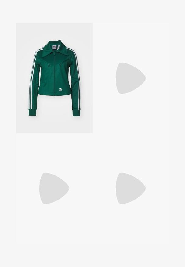 adidas Originals MONTREAL  - Træningsjakke - collegiate green; Tre tank toppe i mintgrøn, sort og beige; lavet af ribbet stof med rund hals og uden ærmer. Mærket er synligt.; Blå denimbukser med en blanding af mørkeblå og lyseblå nuancer, en snoretræk i taljen og et løst, bredbenet design.; Grøn bomberjakke over en lys gul polo, parret med løse blå jeans og hvide sneakers. Glatte stoffer, afslappet pasform, minimal hardware.