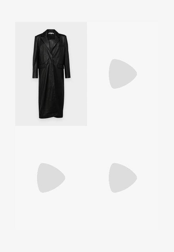 Black leather coat with a notched collar, single-button closure, long sleeves, front pockets, and a slightly tapered silhouette.; Black short-sleeve T-shirt made of soft cotton, featuring a round neckline and a smooth, even texture with a minimal design.; MARINE SERRE PYTHON PRINTED DRAPED DRAWSTRING TROUSERS - Trousers - grege; Black leather ankle boots with a pointed toe and block heel, paired with shiny silver pants, showcasing sleek textures and contrasting colors.