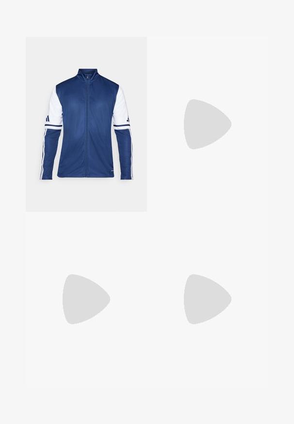 Marineblaues Sportjackett mit weißen Ärmeln, hohem Kragen, durchgehendem Reißverschluss und dreistreifigem Design auf den Armen. Hergestellt aus leichtem, glattem Stoff.; Weißes sportliches T-Shirt mit kurzen Ärmeln, aus feuchtigkeitsableitendem Material. Mit einem schwarzen Logo auf der linken Brust und einem gemusterten Innenkragen.; Schwarze Sporthose mit einem dehnbaren Bund, weißen Seitenstreifen und einem kleinen weißen Logo auf dem Oberschenkel. Hergestellt aus einem glatten, leichten Material.; Schwarze Sportschuhe mit einem strukturierten Mesh-Obermaterial, weißen Akzentstreifen, einer gepolsterten Sohle und einer verstärkten Ferse für Unterstützung.