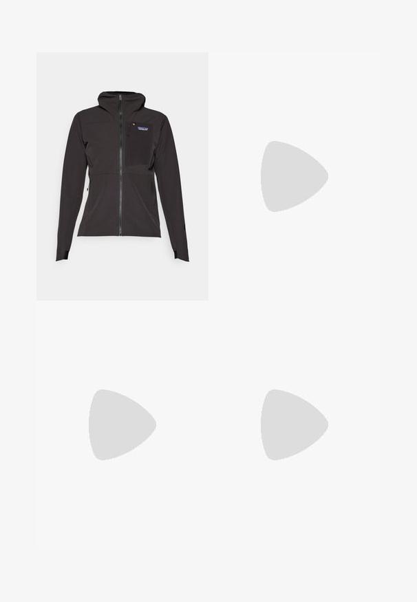 Black hooded jacket made of textured fabric, featuring a front zipper, chest pocket, and adjustable cuffs for a secure fit.; Beige fleece pullover with a half zip, standing collar, and long sleeves. Features a small patch logo on the left chest. Soft texture.; Black leggings with a high waistband, drawstring, smooth texture, and fitted design. Features stitching details along the sides.; Black hiking boot with a mid-top design, featuring a textured upper, gray accents, and durable rubber sole with traction lugs.