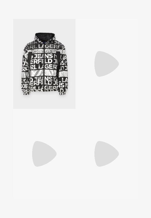Karl Lagerfeld Jeans LIGHT PADDED JACKET - Giacca da mezza stagione - digital fold; T-shirt in cotone nero con vestibilità comoda, colletto tondo, maniche corte e dettaglio logo discreto in colore scuro sul petto. L'etichetta interna è arancione.; Pantaloni cargo neri realizzati in tessuto resistente, con design a gamba dritta, tasche laterali e chiusura con bottone.; Sneaker bianca in pelle con punta arrotondata, design minimalista, lacci grigi e suola in gomma grigia testurizzata. Dettagli di cucitura sottili visibili.