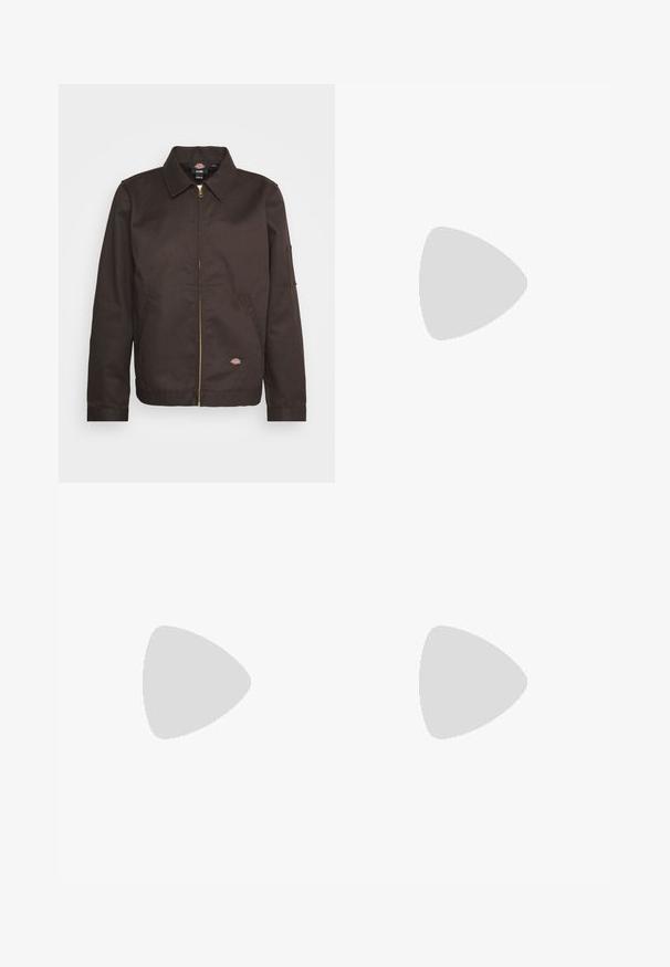 Dickies UNLINED EISENHOWER  - Summer jacket - dark brown; Bershka Top - white; EIGHTYFIVE PATCHED CARPENTER - Straight leg jeans - off-white; Bershka CONTRAST - Slip-ons - brown