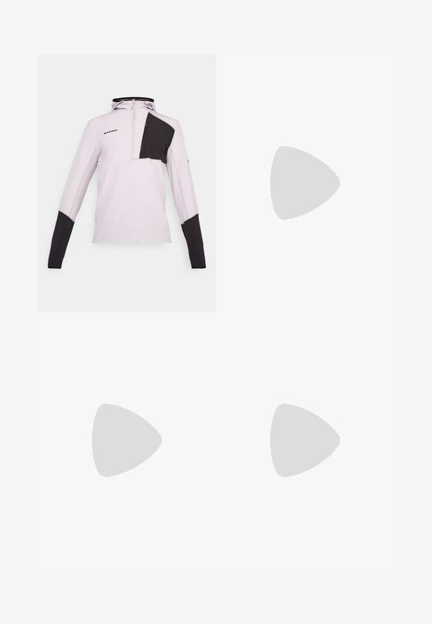 Ανοιχτό μοβ μακρυμάνικος πούλ οβερ με μερικό φερμουάρ, που διαθέτει μαύρη τσέπη στο στήθος και αντίθετους μαύρους μανίκους. Υφή υφάσματος.; Λευκό πουκάμισο με μακριά μανίκια και στρογγυλή λαιμόκοψη, υφή στο ύφασμα, μαύρο λογότυπο στον αριστερό ώμο και διακριτική επωνυμία στο κάτω μέρος.; Μαύρο παντελόνι εξωτερικού χώρου με τσέπη μηρού με φερμουάρ, ελαστική μέση και λείο, αδιάβροχο ύφασμα. Καθαρός σχεδιασμός χωρίς ορατά λογότυπα.; Μαύρο αθλητικό παπούτσι με υφή στην επάνω πλευρά, κόκκινες κορδόνες και λογότυπο. Παχύ πέλμα με μοτίβο για πρόσφυση. Μινιμαλιστικός σχεδιασμός, πλευρική όψη.