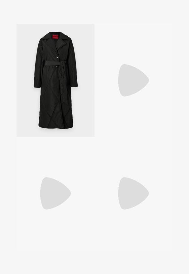 Long black quilted coat with wide collar, two buttons, and matching belt tied at the waist, labeled HUGO inside collar.; Black ribbed long-sleeve top with a white V-neck collar and white cuff accents; features a small gold logo detail near the hem.; Beige wide-leg trousers made from a smooth fabric, featuring a high waist, front pleats, and a tailored silhouette.; Black high-heeled mules with a pointed toe, made of smooth leather. Features a wide ankle strap with a square silver buckle and studs.; White clutch bag with a textured, quilted design. Features a thin, removable strap and a silver-tone hardware accent at the front.