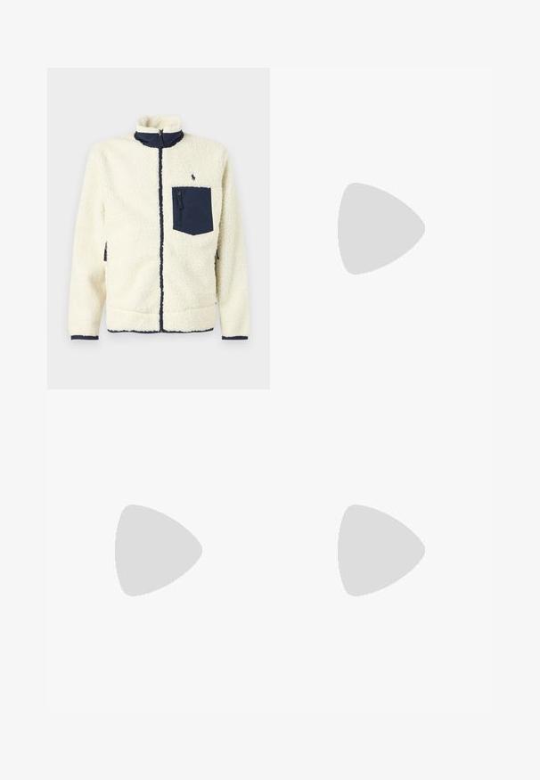 Fleece jacket in cream with a navy zippered chest pocket, high collar, and contrasting trim. Features a textured, soft exterior.; Beige long-sleeve shirt made of cotton blend. Features button-down collar, seven front buttons, and a small embroidered logo on the left chest.; Beige cotton chinos with a flat front, belt loops, and side pockets. Straight-leg design with a smooth texture and a light, breathable feel.; White leather sneakers, low-top design, featuring a smooth texture, round toe, laced front, and a small embroidered logo on the side.