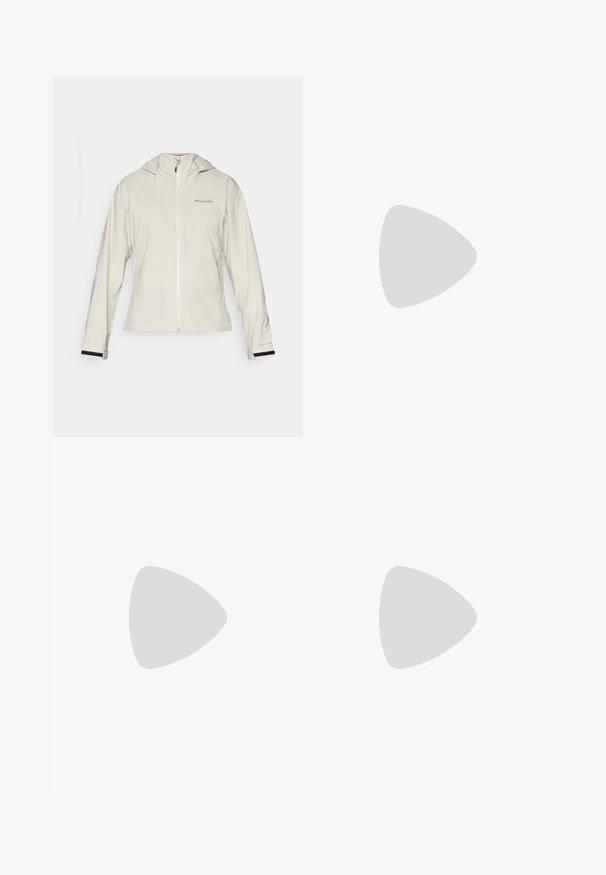 Casaco impermeável bege claro com capuz, apresentando um fecho éclair à frente, punhos elásticos com acentos pretos e um logótipo no lado superior esquerdo.; Camisa de mangas longas cinza escuro com um gráfico de árvores vermelhas e montanhas; logótipo "COLUMBIA" em texto branco em negrito. Tecido suave, cuello redondo padrão.; Calças em verde oliva com corte ajustado, cintura elástica, tecido leve e dois bolsos laterais. Apresenta costuras discretas e bainhas com punho.; Columbia PEAKFREAK - Sapatos de caminhada - black