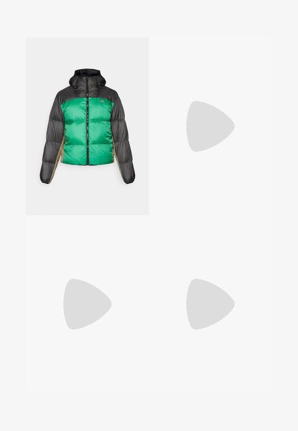 Puffer jacket featuring a green front, black shoulders, and beige side panels. It has a high collar, full zip, and padded texture.; Navy blue cotton t-shirt with short sleeves, crew neck, and a small green crocodile logo on the left chest. Soft texture, casual design.; Light blue denim jeans with a straight-leg design, five pockets, and a slightly faded wash. Features silver hardware and a branded waistband tag.; Blue canvas sneakers with white laces and rubber soles, displayed with denim trousers and grey ribbed socks, on a light grey surface.