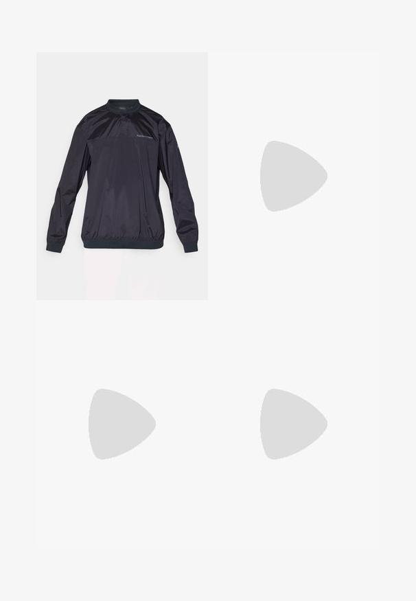 Dark navy pullover jacket made of lightweight, shiny material. Features a crew neck, elastic cuffs, and a subtly textured surface.; Black athletic t-shirt, short sleeves, round neckline, made from lightweight fabric. Features a reflective Adidas logo on the front.; Black athletic pants with an elastic waistband, tapered design, side pockets, and subtle logo detail. Made from flexible, breathable fabric.; Black Adidas running shoe with Gore-Tex upper, three stripes on the side, and "Dreamstrike" on the sole, viewed from the outer side.