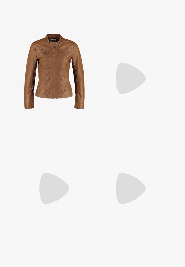 Brown leather jacket with a fitted design, standing collar, front zip closure, and two zippered chest pockets. Smooth texture, no patterns.; Black cropped hoodie made of soft fabric, featuring a drawstring hood, front kangaroo pocket, and a small white Nike logo on the chest.; Black sweatpants made of cotton blend, featuring a drawstring waistband, straight legs, and a white Nike logo on the left side.; Black and white Nike low-top sneakers feature a smooth leather upper, round toe, lace-up closure, and a patterned rubber outsole.