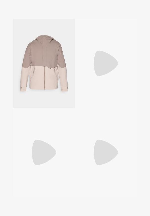 Lightweight, two-tone jacket with a soft beige body and darker taupe sleeves. Features a hood, front zipper, and adjustable cuffs.; Black short-sleeve T-shirt made from lightweight fabric. Features a small white logo on the left chest and subtle shoulder accents.; Black athletic pants made from lightweight fabric, featuring a drawstring waistband, side pockets, and tapered cuffs at the ankles.; Black trail running shoe with a textured upper, elastic laces, and Contagrip outsole. Features a snug fit and protective toe cap.
