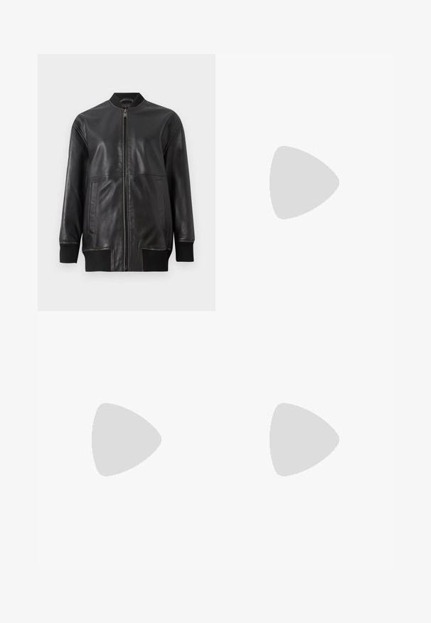 Čierna kožená bomber bunda s predným zipsom, rebrovaným golierom, dlhými rukávmi a dvoma bočnými vreckami; hladká textúra s viditeľnými švovými detailmi.; Strihnuté biele tričko vyrobené z mäkkej látky, s krátkymi rukávmi, okrúhlym výstrihom a rebrovanými detailmi na lemovaní. Jednoduchý a nezdobený dizajn.; Čierne nohavice vyrobené z hladkej látky s vysokým pásom, širokými nohavicami, prednými záhybmi a klasickými pútkami na opasok. Žiadne bočné vrecká nie sú viditeľné.; Čierne lakované kožené slingback lodičky s špicatou špičkou, štíhlým podpätkom a jemným výrezom. Obsahuje zlatú pracku na remienku.