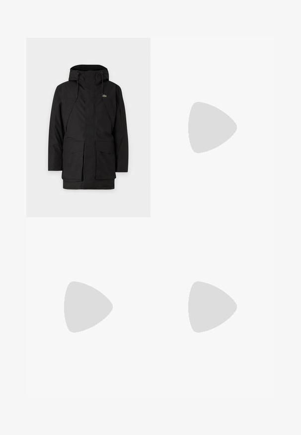Lacoste Wintermantel - black; Schwarzes Langarm-T-Shirt aus Baumwolle, mit Rundhalsausschnitt und einem kleinen grünen, gestickten Krokodil-Logo auf der linken Brust.; Marineblaue Hosen aus glattem Material mit geradem Bein, Gürtelschlaufen und einer Knopfverschluss mit Reißverschluss.; Lacoste Sneaker in Dunkelgrau aus Mesh und Synthetikmaterial, mit einer strukturierten Sohle und braunen Akzenten am Kragen und Logo.