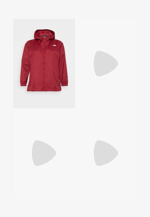 The North Face QUEST PLUS JACKET - Waterproof jacket - beetroot; White cropped t-shirt made of cotton with a round neckline and short sleeves. Features a black logo on the left chest.; Black nylon zip-off cargo trousers with adjustable cuffs, multiple pockets, and a logo on the right leg. Smooth, lightweight texture.; Beige and cream athletic shoe with textured mesh upper, supportive overlays, and rubber outsole featuring a tread pattern for traction.