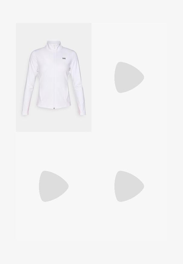White zip-up sports jacket made of smooth fabric, featuring long sleeves, a stand collar, and a black logo on the left side.; Black long-sleeve athletic shirt made of smooth fabric, featuring a round neckline and a small white logo on the left chest.; Black leggings made of smooth, stretchy material with a high waistband. Features a white logo on the left thigh and fitted design.; Black athletic shoes with textured fabric, white sole, and black laces. Worn with white ribbed socks, standing on a light surface.