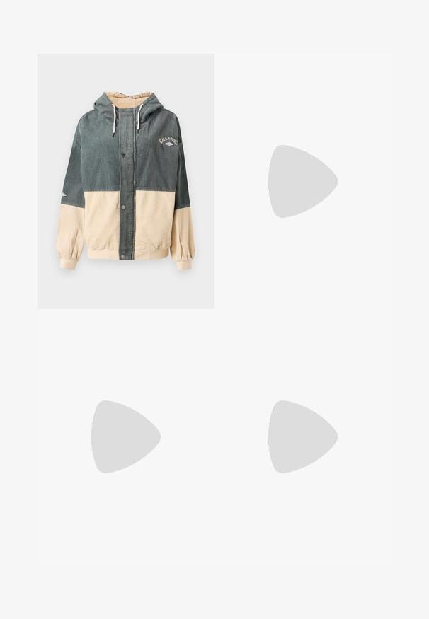 Billabong SET THE TONE JACKET - Ľahká bunda - multi; Krémové bavlnené tričko s krátkymi rukávmi, na prednej strane s grafikou palmových stromov a postavy, text znie "Ďalší deň v raji."; Bežové kordové nohavice s širokým strihom, vertikálnym ryhovaním, prednými vreckami a bočnými gombíkovými detailmi.; Biele kožené tenisky s béžovými semišovými akcentmi, perforovanou špičkou, plochými šnúrkami a textúrovanou krémovou podrážkou. Obsahujú jemné označenie na päte.