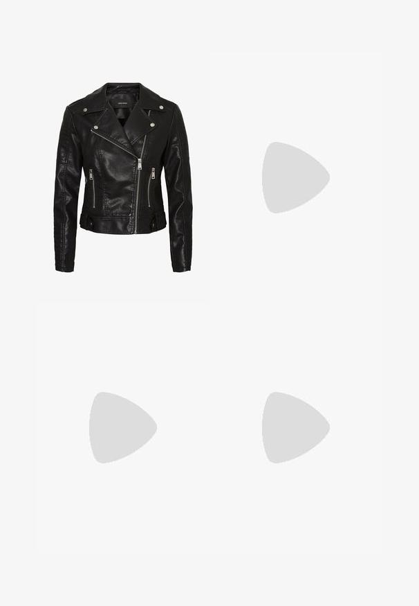 Black leather biker jacket featuring a diagonal zipper, snap buttons, and vertical stitching on the sleeves. Brand label: Vero Moda.; White ribbed tank top featuring a round neckline, sleeveless design, and a cropped length. Label reads "JJXX." Smooth fabric texture.; Black, wide-leg pants with an elastic waistband, made from smooth fabric. Features a clean design with no pockets or visible stitching details.; Black and gray suede sneaker with a large cream-colored "N" logo, purple laces, and a textured gum rubber outsole.