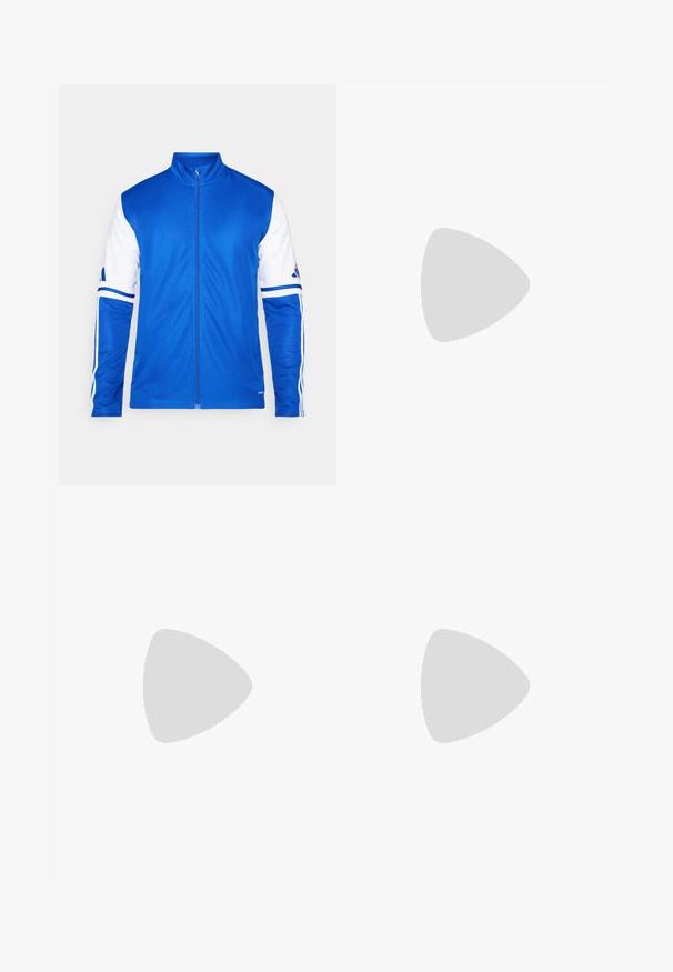 Kék sportdzseki teljes cipzárral, magas gallérral, fehér ujjaival és három fehér csíkkal a vállán. Simább, könnyű anyagból készült.; Fehér, rövid ujjú sportpóló, könnyű anyagból, a bal felső mellrészen fekete Adidas logóval.; Fehér sportnadrág sima anyagból, rugalmas derékpánttal és szűkített bokákkal, a hátsó zsebében fekete logóval.; Fehér futócipő fekete csíkokkal, neon zöld részletekkel és piros sarokkal. Könnyű dizájnnal és texturált talppal rendelkezik a tapadás érdekében.