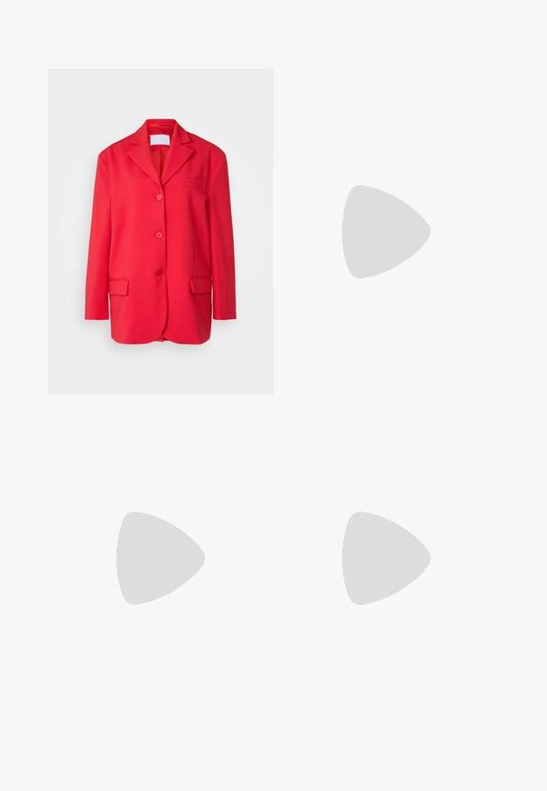 Red blazer made of smooth fabric, featuring a classic collar, single breast pocket, two front pockets, and three-button closure.; White cropped T-shirt, short wide sleeves, soft cotton material, round neckline with subtle orange trim, minimal design, no patterns or graphics.; White cotton pants with a straight leg design, featuring a mid-rise waist and no visible hardware or patterns. Smooth texture throughout.; Beige block-heeled sandals with thin straps and a square toe. Smooth material with minimal detailing, designed for easy wear.