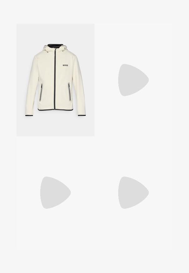 Veste zippée blanche avec une capuche, accents noirs, et le logo BOSS sur la poitrine gauche. Dotée de deux poches latérales zippées.; T-shirt athlétique blanc à manches courtes, avec un logo "BOSS" noir et de fines lignes orange et grises sur le devant. Texture lisse.; Shorts de sport blancs avec une taille élastique, texture lisse et courte longueur. Pas de motifs visibles ni d'autres détails.; Chaussure de sport noire avec un dessus texturé, trois bandes horizontales et une semelle blanche avec un motif de sculpture. Design léger et épuré.