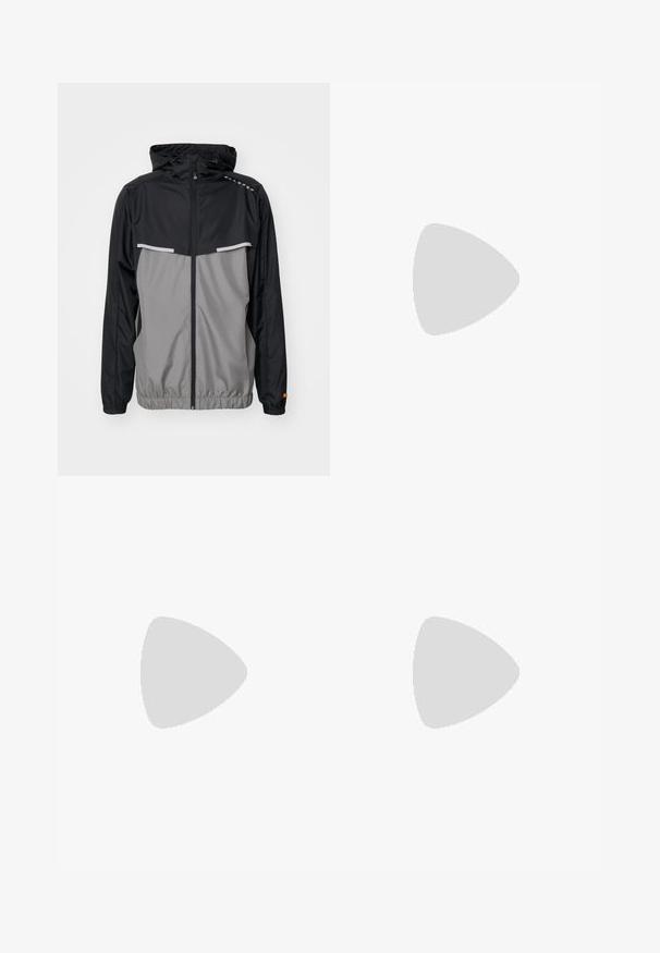 Veste coupe-vent noire et grise avec fermeture éclair à l'avant, capuche réglable, accents réfléchissants, et poignets et ourlet élastiques.; T-shirts en coton sans manches blancs et noirs avec encolures rondes, texture lisse et design minimaliste. Convient à divers contextes décontractés.; Pantalons cargo vert olive en coton résistant. Dotés de plusieurs poches, d'une poche latérale zippée et de jambes fuselées avec une finition légèrement texturée.; Baskets montantes noires avec semelle et lacets blancs, associées à un jean en denim bleu décontracté, reposant sur un garde-corps gris.