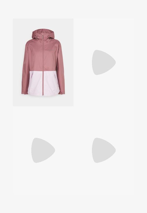 Columbia INNER LIMITS™ JACKET - Veste imperméable - fig/pink dawn; Chemise à manches longues gris foncé avec un motif d'arbres rouges et de montagnes ; logo "COLUMBIA" en lettres blanches en gras. Tissu doux, col rond standard.; Pantalons bleu marine en tissu lisse, dotés d'une fermeture par bouton à l'avant, d'un design ajusté et de détails pliés au niveau des genoux.; Columbia PEAKFREAK - Chaussures de marche - black