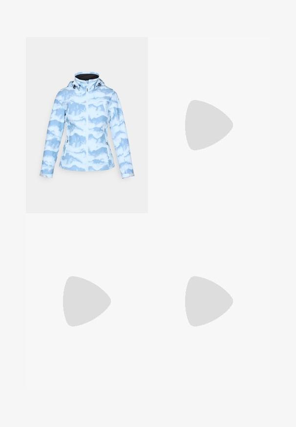 Ljusblå jacka med ett molnigt mönster, med dragkedjestängning, justerbar huva och två sidofickor. Slät textur och åtsittande design.; Svart långärmad t-shirt i bomull med rund hals. Har en liten vit logotyp på vänster bröstområde. Enkelt design och passform.; Svarta, åtsittande byxor tillverkade av ett flexibelt material. Funktioner inkluderar en ficka med dragkedja på sidan, artikulerade knän och en jämn yta.; Beige och krämfärgad atletisk sko med texturerad meshovandel, stöttande överdrag och gummisulor med ett mönster för grepp.