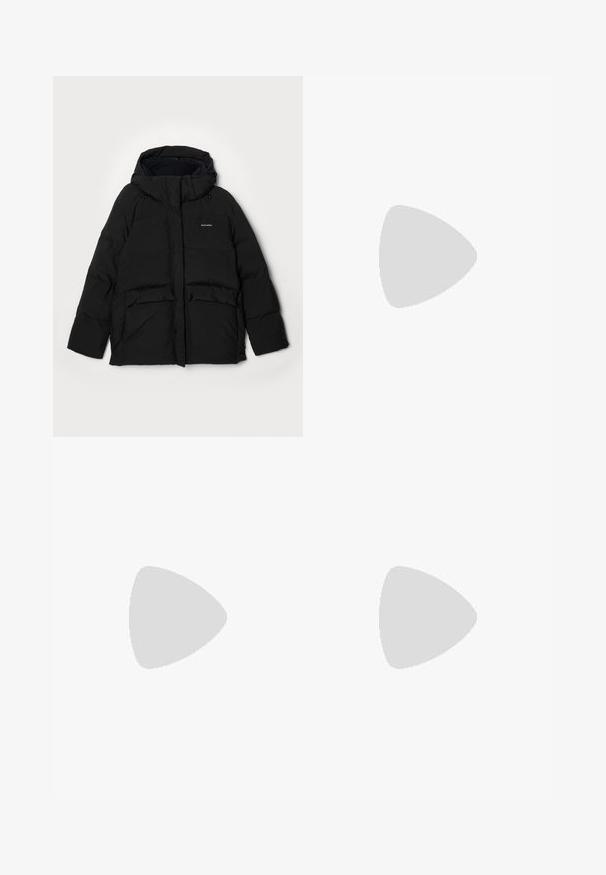 Black puffer jacket with a hood, featuring a front zipper, two large flap pockets, and "Halteweiler" logo on the left side. Soft texture.; Dark gray cropped sweater with a high neck, made of textured knit material and featuring short sleeves and a straight bottom hem.; Light gray, wide-leg trousers made of textured fabric, featuring two front pleats and two side pockets. Clean, tailored design.; Black leather ankle boot with a pointed toe and a chunky square heel. Smooth texture with a seamless design and minimalistic stitching.