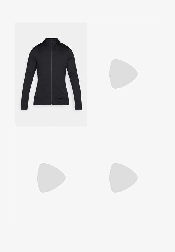 Svart zip-up jakke med høy krage, lange ermer og glatt tekstur. Har et minimalistisk design og reflekterende detaljer.; Langermet svart prestasjonstrøye laget av lett stoff, med en hvit logo på øvre venstre bryst. Glatt tekstur.; The North Face HORIZON PANT - Friluftsbukser - black; Grå terrengløpesko med en teksturert overdel, slitesterk gummisåle og forsterket tåhette. Inkluderer snørebånd og merkevarelogo på siden.