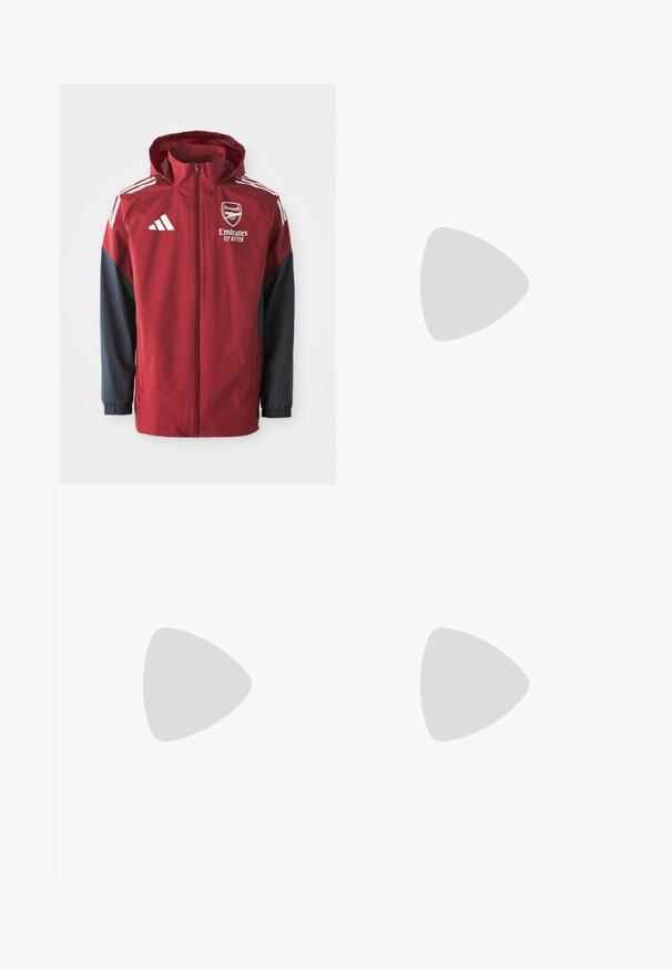 Röd och marinblå atletisk jacka med huva, med Arsenal-logotypen och texten "Emirates Fly Better", tillverkad av ett slätt och lätt material.; Vit sporttopp med kort ärm, tillverkad av fukttransporterande tyg. Har en svart logotyp på vänster bröst och ett mönstrat inre halsringning.; Svarta träningsbyxor med elastisk midja, vita sidostreck och en liten vit logotyp på låret. Tillverkade av ett slätt, lätt material.; Svarta sportskor med ett texturerat nätövre, vita accentlinjer, en dämpad sula och en förstärkt häl för stöd.