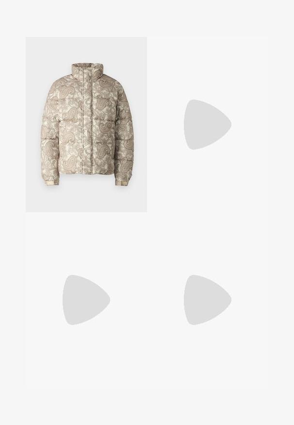 Padded jacket with a high collar, featuring a cream and light brown paisley pattern. Materials appear quilted with ribbed cuffs for comfort.; Beige knit sweater with a round neck, ribbed cuffs and hem, and textured fabric, featuring a solid color without patterns or accents.; Gray cargo pants made of durable fabric, featuring a straight leg design, multiple side pockets, and visible stitching details.; Black leather shoes with a rounded toe, lace-up design, and thick, textured sole. Worn with tailored black trousers and a ribbed sweater.
