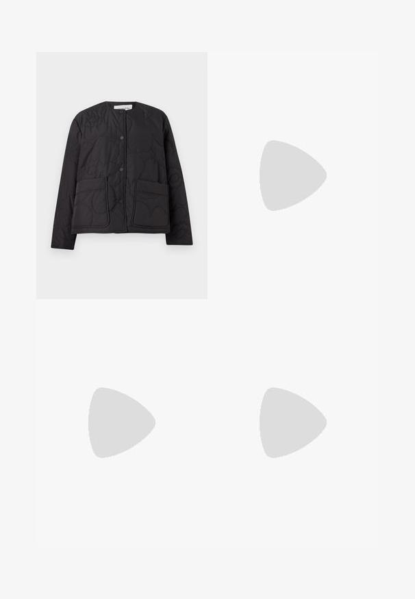 Quilted black jacket with a round neckline, snap button closure, and two front pockets. Features textured, floral pattern embossed on fabric.; Black cotton t-shirt with a round neck, short sleeves, and blue embroidered "Calvin Klein JEANS" logo on the front.; Black denim wide-leg jeans with a high waist, five-pocket design, and silver metal button. Fabric has a smooth texture and slight stretch.; Black leather loafers with a rounded toe, thick textured sole, and minimal stitching details. Sleek design with no visible laces or hardware.