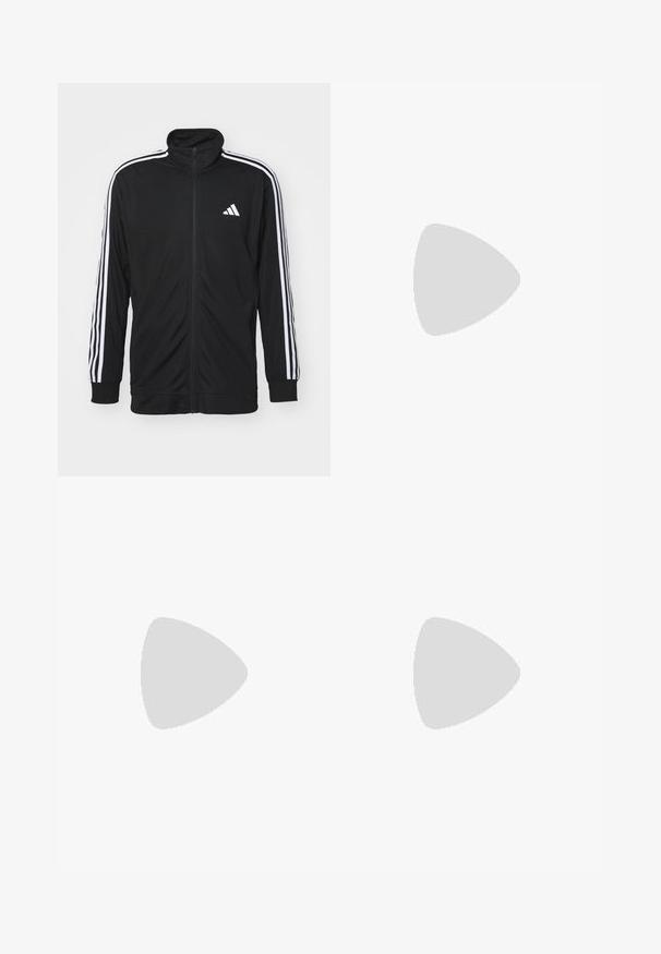 Juodas zip-up sportinis švarkas, pagamintas iš lygaus audinio, su baltomis šoninėmis juostelėmis ir maža balta logotipu ant krūtinės.; Balta sportinė marškinėliai trumpomis rankovėmis, pagaminti iš drėgmę šalinančios medžiagos. Kairėje krūtinės pusėje yra juodas logotipas, o apykaklės viduje yra raštuotas dizainas.; Juodos sportinės kelnes su tampriu juosmeniu, baltomis šoninėmis juostelėmis ir mažu baltu logotipu ant šlaunies. Pagamintos iš sklandžios, lengvos medžiagos.; Juodi sportiniai batai su tekstūruotu tinkliniu paviršiumi, baltais akcentų dryžiais, paminkštintu padu ir sustiprintu kulnu paramai.